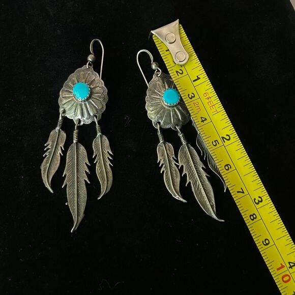 3" LONG Vintage Navajo Sterling Silver Turquoise CONCHO Feather Dangle Earrings - Picture 3 of 6
